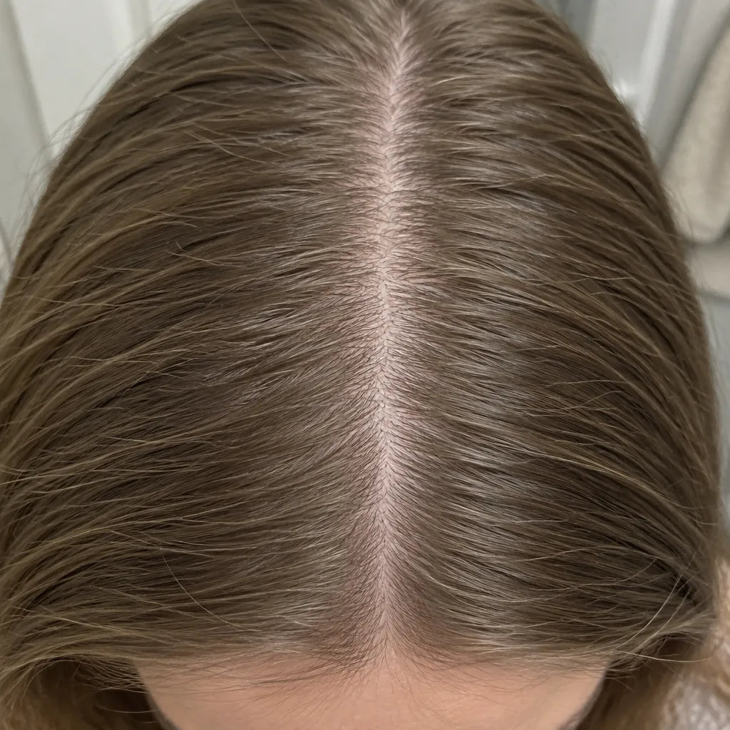 Fine hair lying flat at the part
