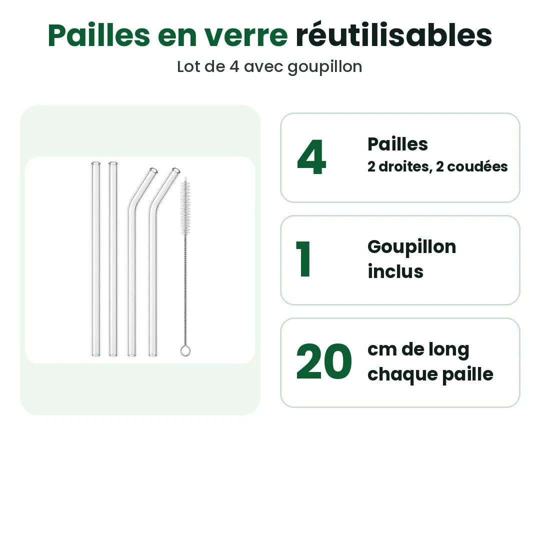 Lot de 4 pailles en verre avec goupillon : 2 droites, 2 coudées, 20 cm de long