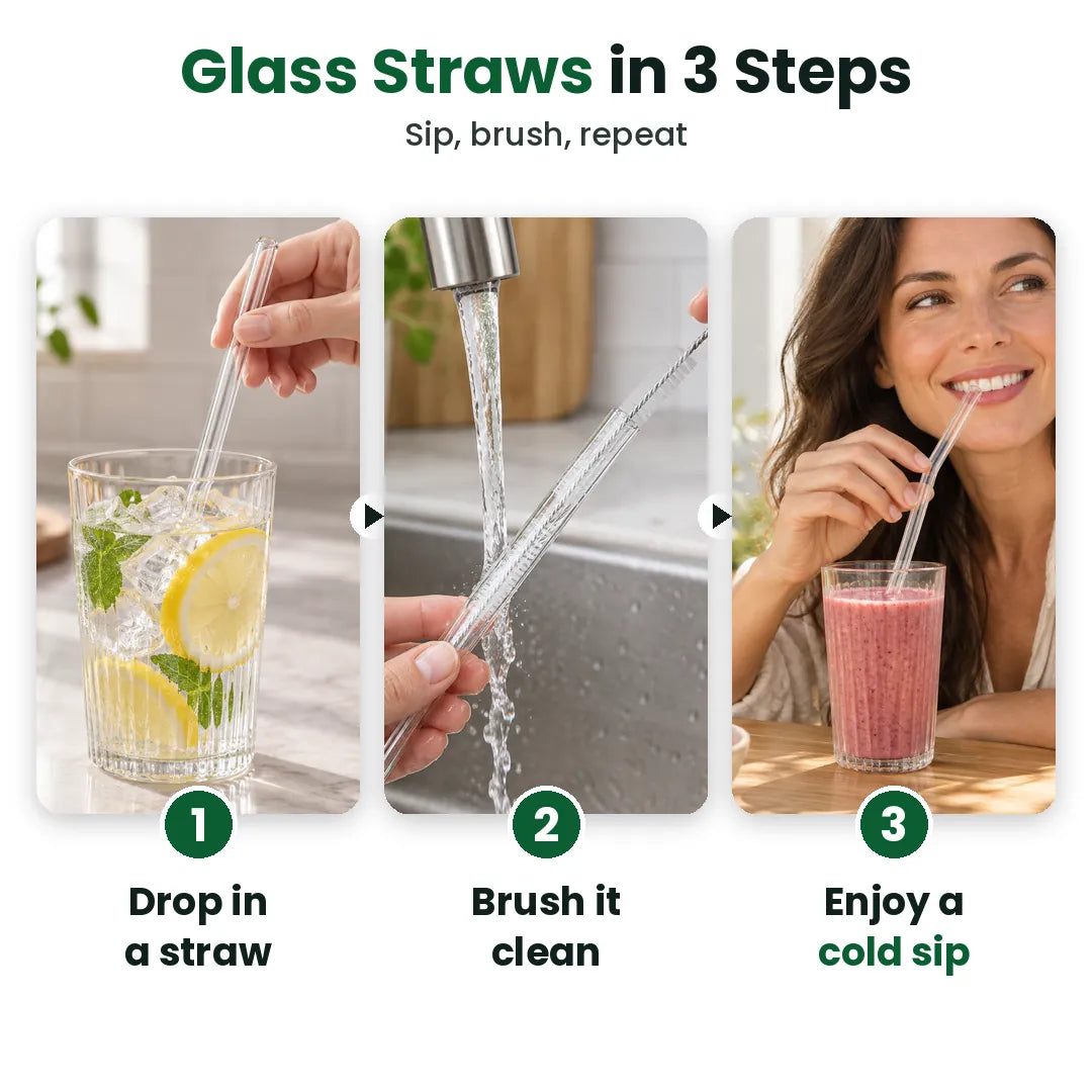 Three steps: drop in a glass straw, brush it clean, enjoy a cold drink