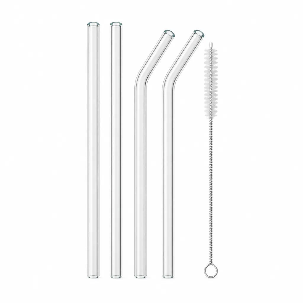 Set of 4 reusable glass straws, 2 straight and 2 bent, with a cleaning brush