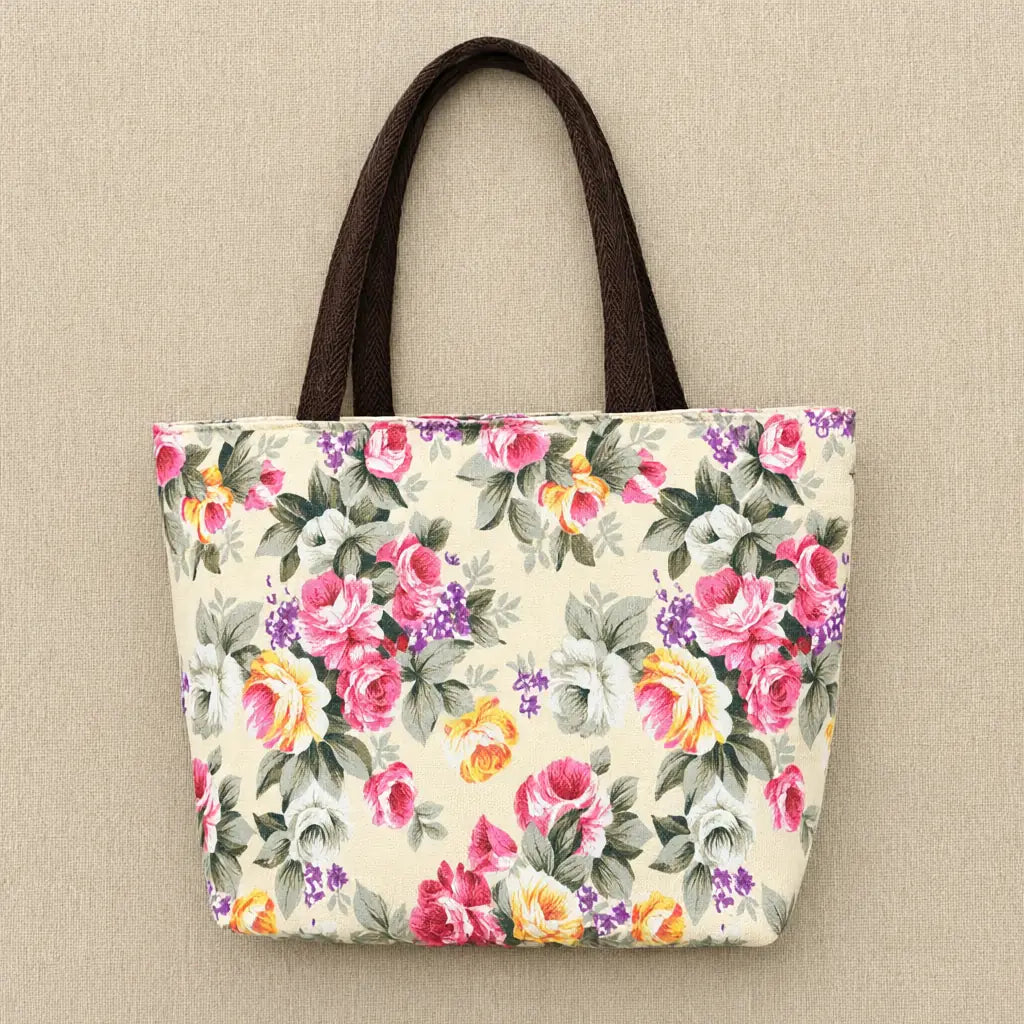One floral mini canvas tote bag laid flat, exactly what arrives in the box