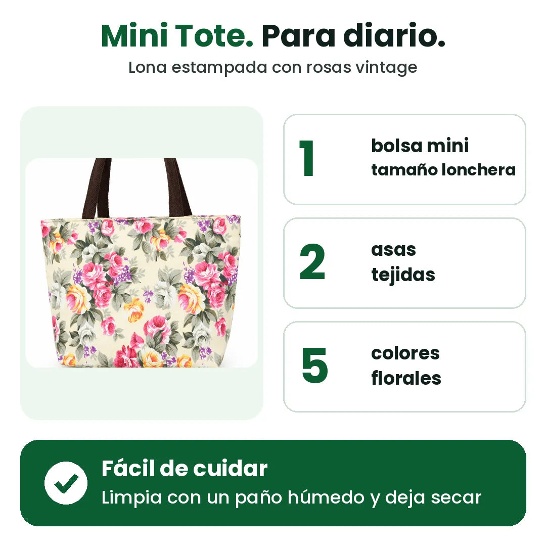 Bolsa tote mini de lona con dos asas tejidas, en cinco colores florales