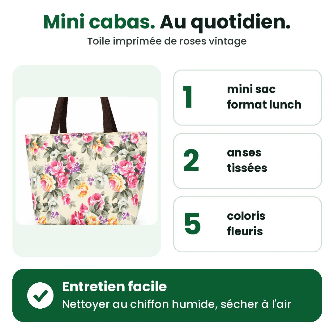 Mini sac fourre-tout en toile à deux anses tissées, offert en cinq coloris fleuris