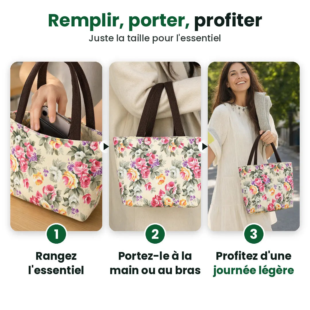 Trois étapes avec le petit sac à main fleuri : remplir, porter, profiter