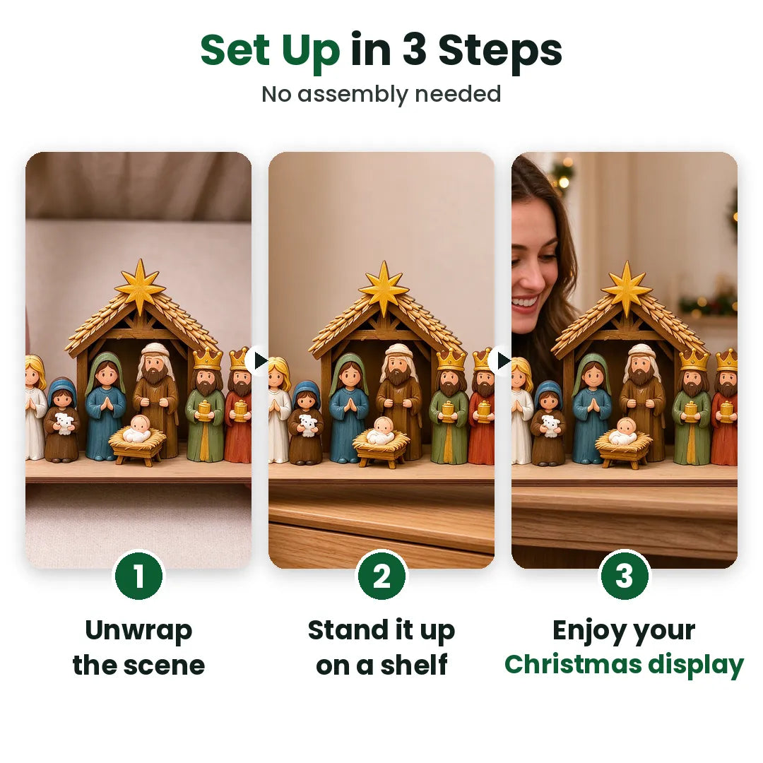 Three steps to display the wooden nativity scene set: unwrap, stand it up, enjoy