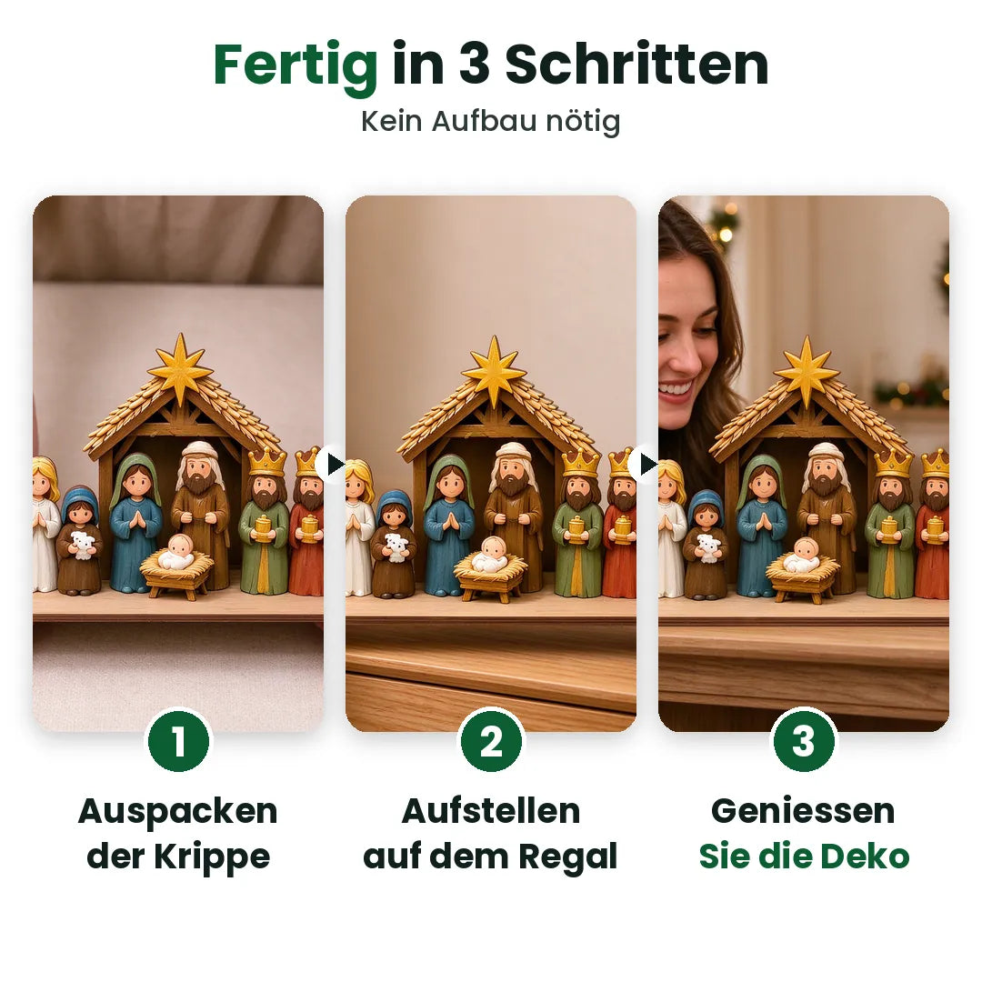Drei Schritte für die Holz-Weihnachtskrippe: auspacken, aufstellen, geniessen