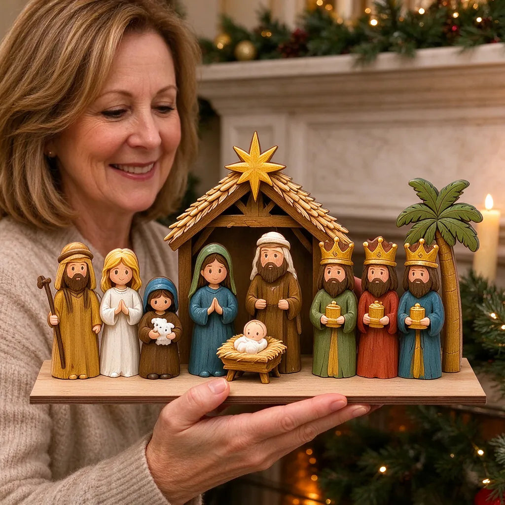 Woman placing a wooden nativity scene set on a fireplace mantel decorated for Christmas