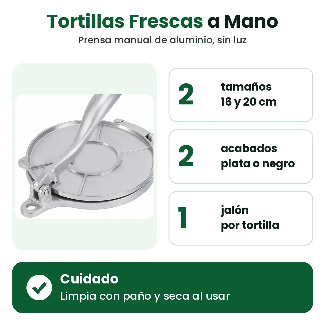 Prensa para tortillas manual de aluminio en dos tamaños y dos acabados, sin electricidad