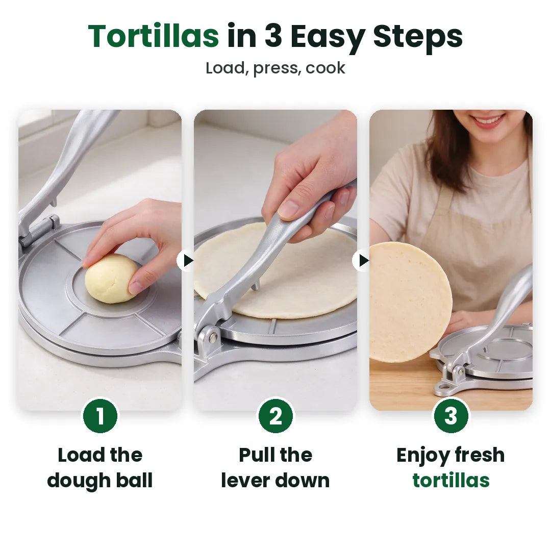 Three steps to press fresh tortillas: load the dough, pull the lever, enjoy