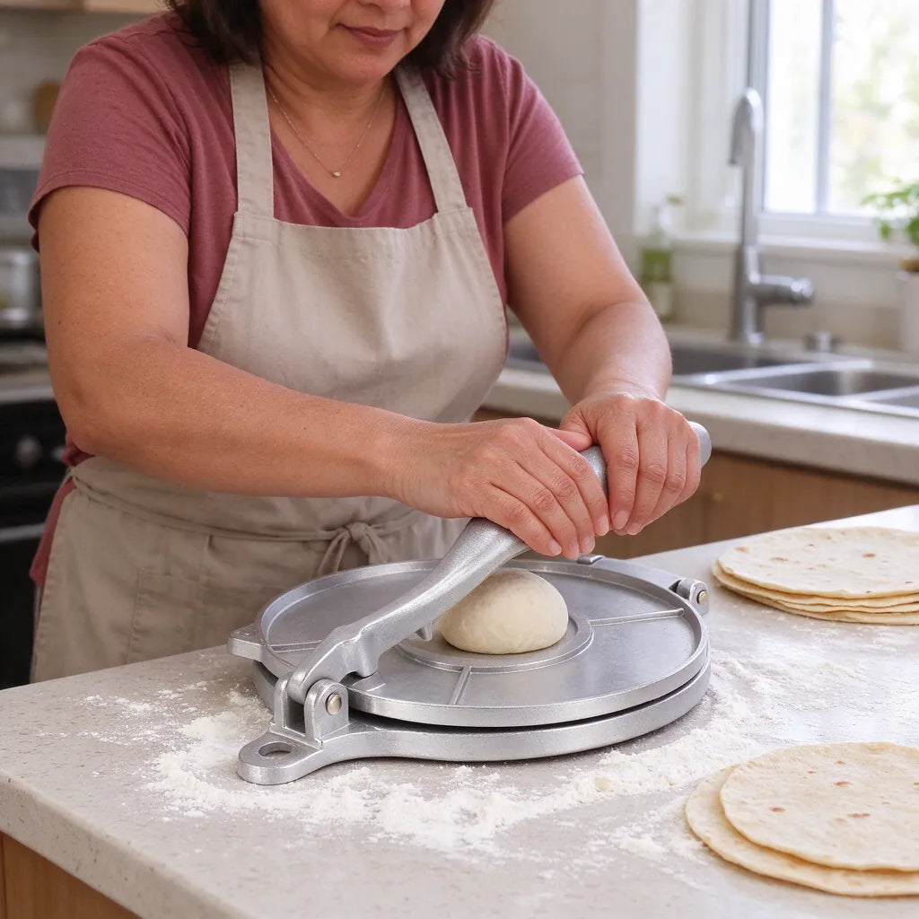 Woman pressing dough with a silver manual tortilla press in her home kitchen