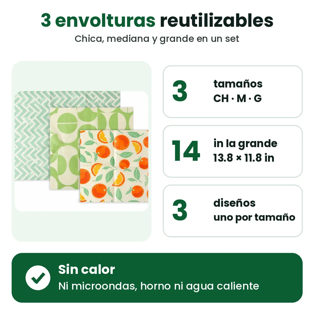 Set de 3 envolturas de cera de abeja: chica, mediana y grande, la grande de 13.8 x 11.8 in