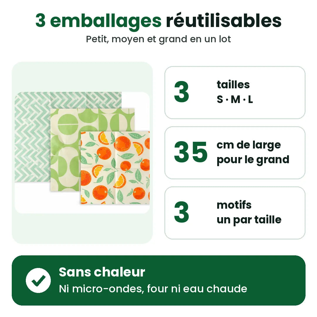 Lot de 3 emballages en cire d'abeille : petit, moyen et grand, le plus grand 35 x 30 cm