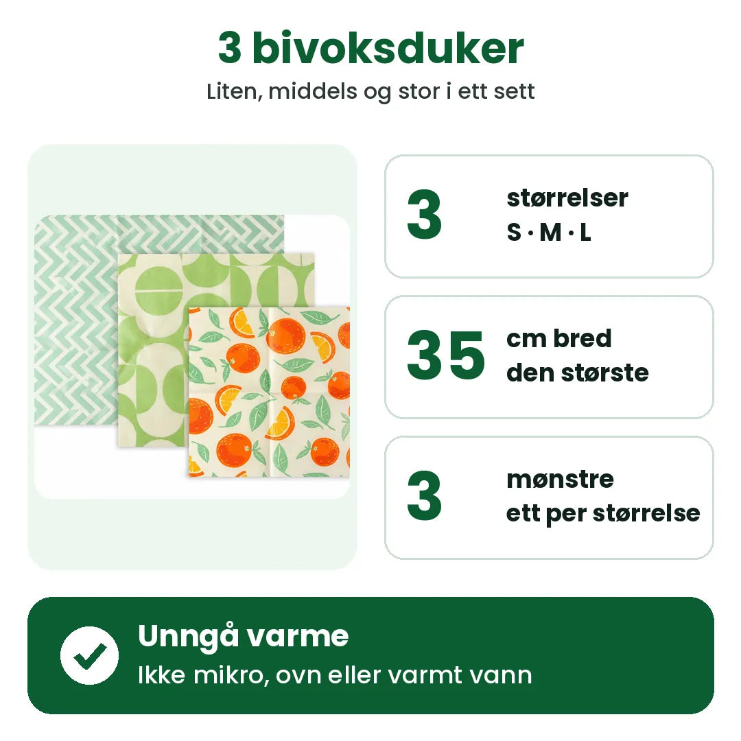 Sett med 3 bivoksduker: liten, middels og stor, den største 35 x 30 cm