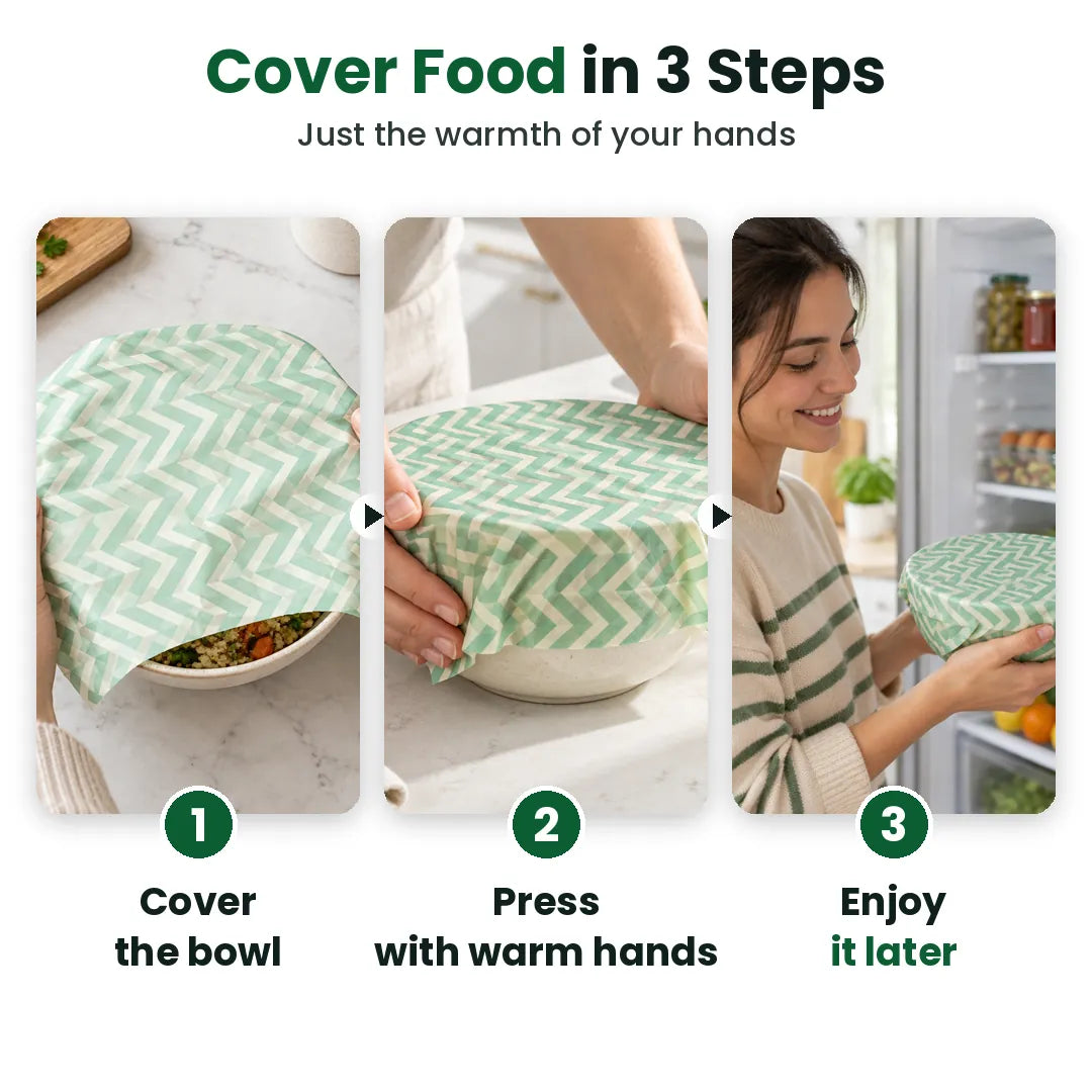 How to use beeswax wraps: cover the bowl, press with warm hands, enjoy it later