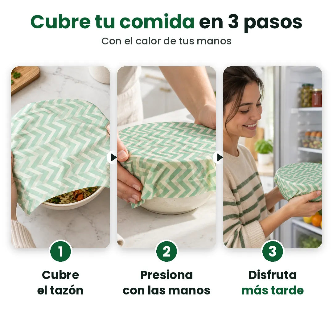 Cómo usar envolturas de cera de abeja: cubre el tazón, presiona con las manos y disfruta
