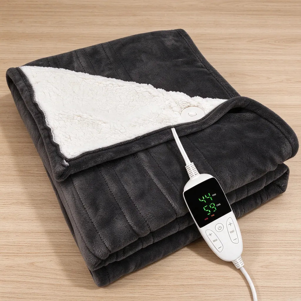 Folded dark grey electric throw blanket with its white controller on a wood table