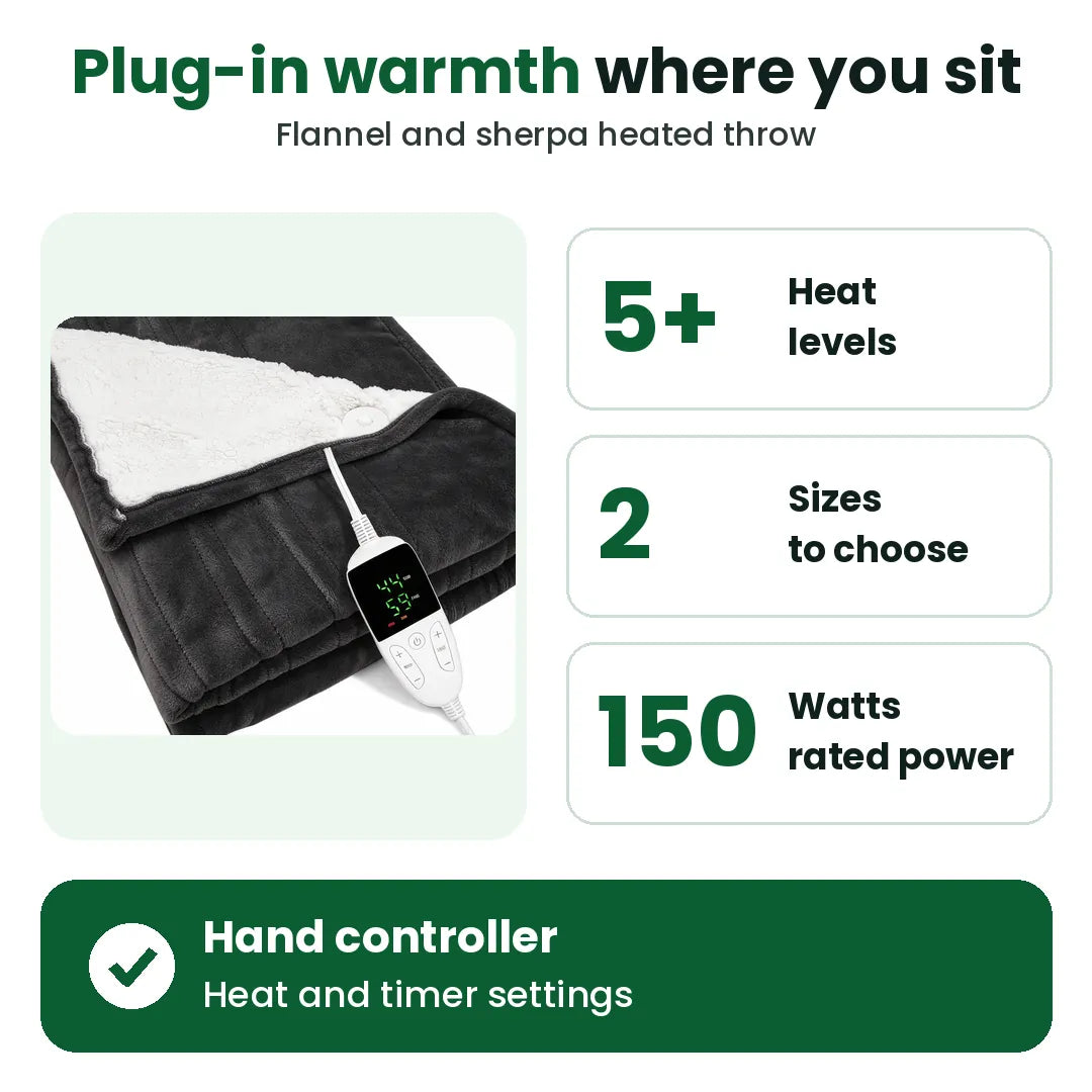 Heated throw blanket features: 5 plus heat levels, 2 sizes and 150 watts