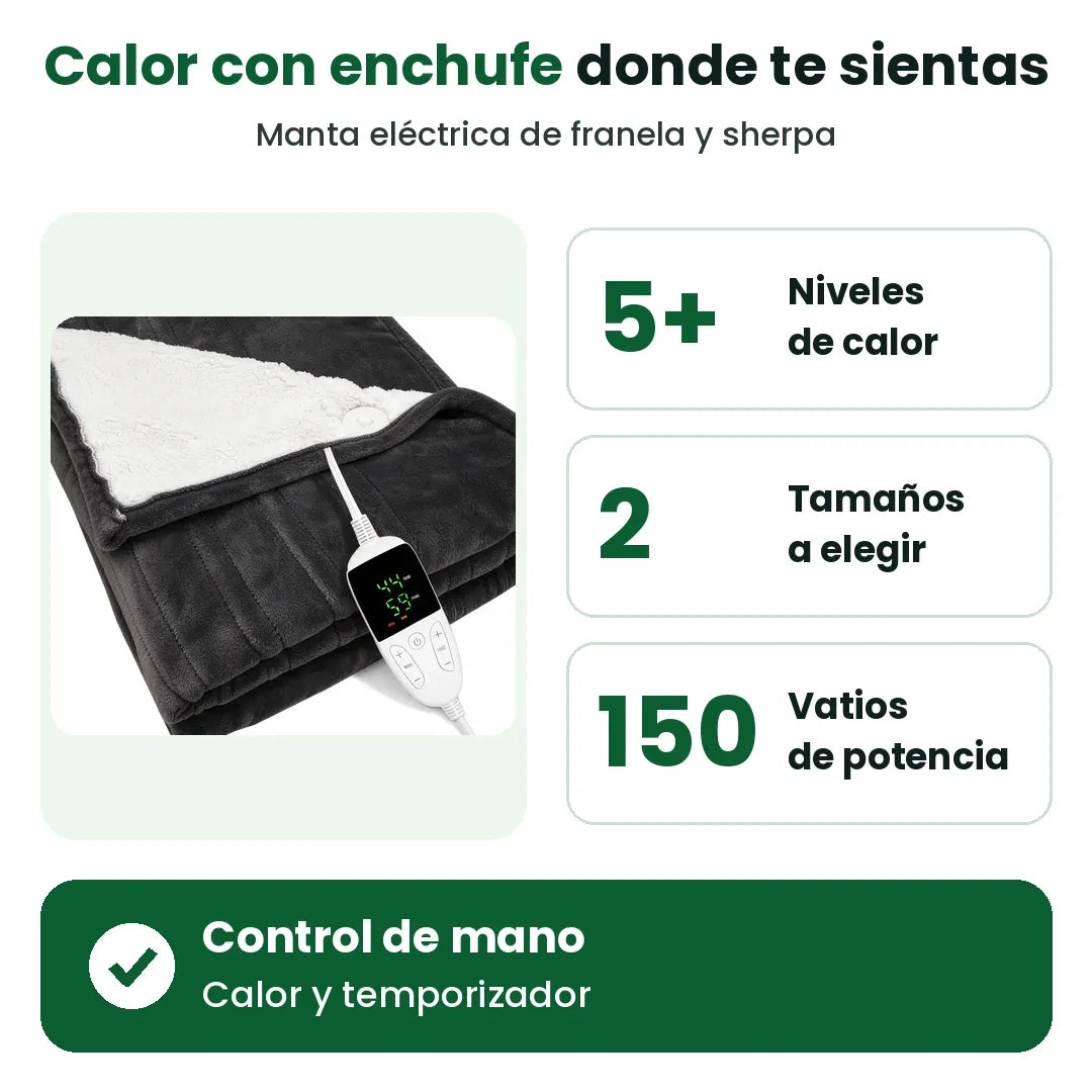 Características de la cobija eléctrica: más de 5 niveles de calor, 2 tamaños y 150 vatios