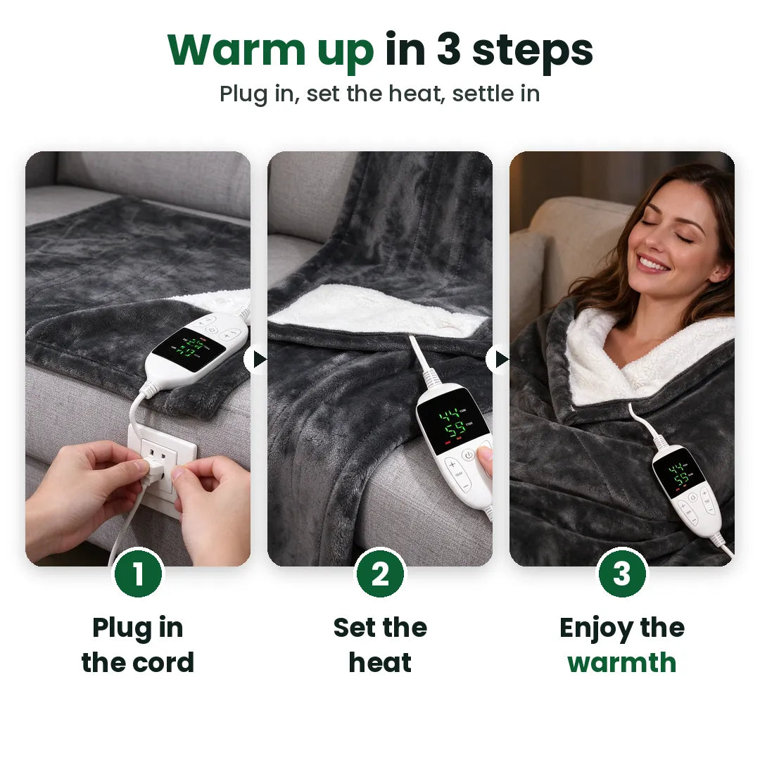 Three steps to use a heated throw blanket: plug in, set the heat, enjoy the warmth