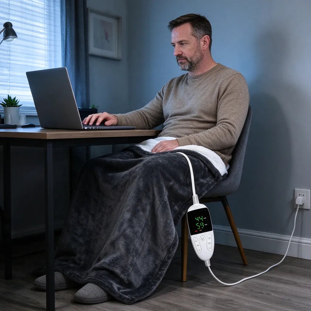 Man working on a laptop at a home desk with a heated throw blanket over his legs