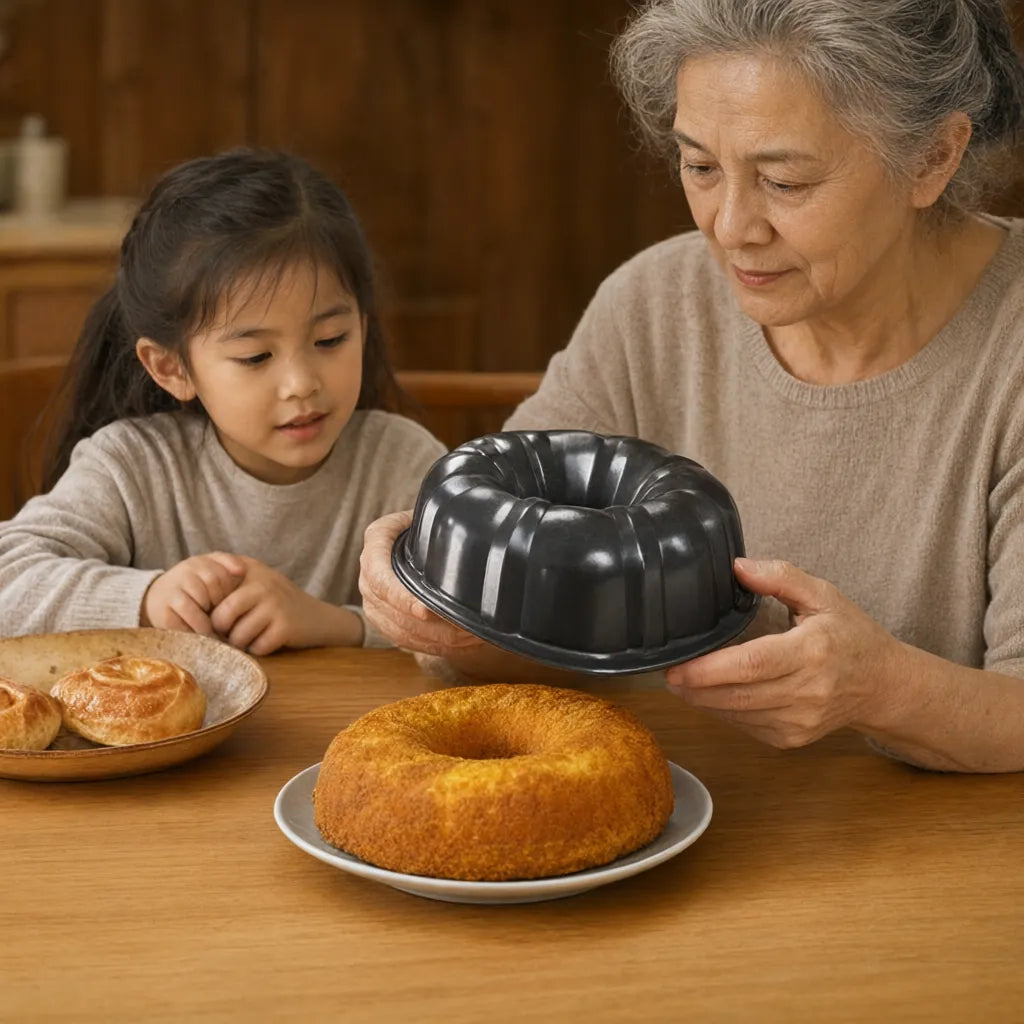 Grandmother lifting a bundt ring cake pan off a golden ring bread as a girl watches
