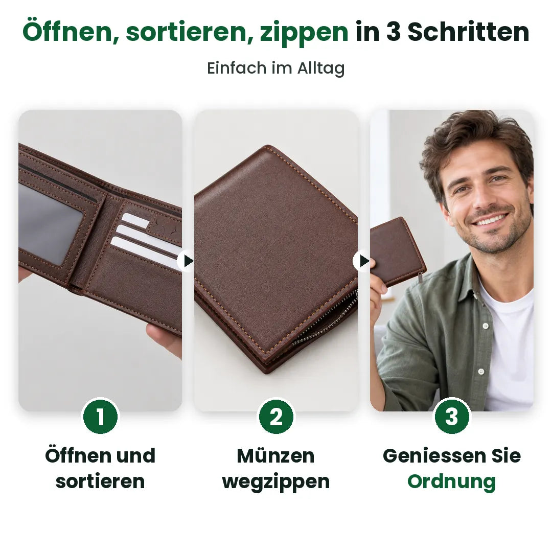 Drei Schritte mit dem Herren Portemonnaie: öffnen, Münzen wegzippen, einstecken