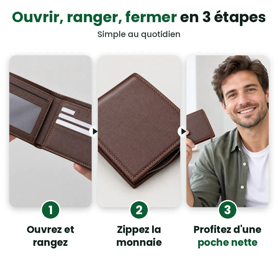 Trois étapes pour utiliser un portefeuille homme : ouvrir, zipper la monnaie, ranger