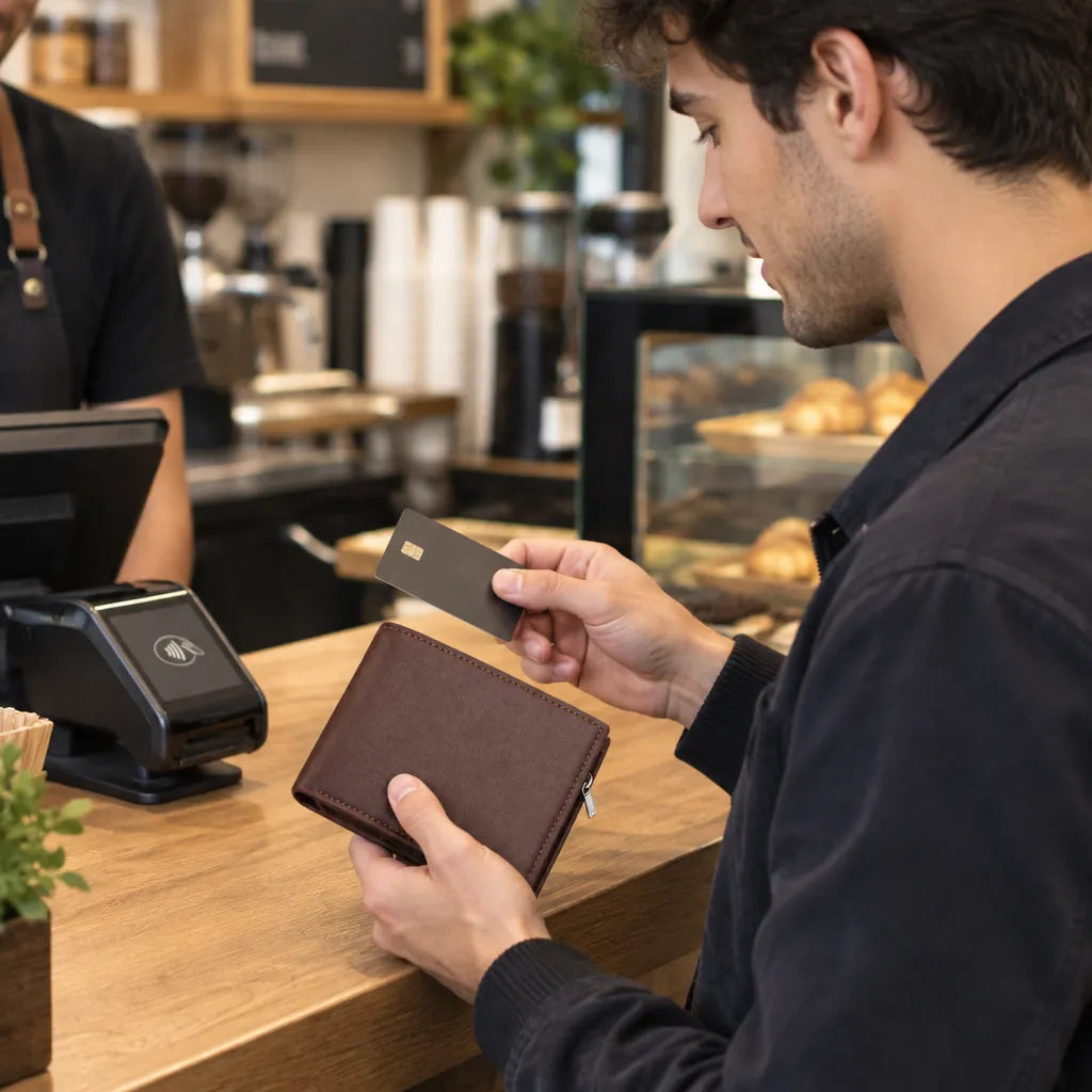 Young man paying at a cafe counter with a card and a brown men's wallet