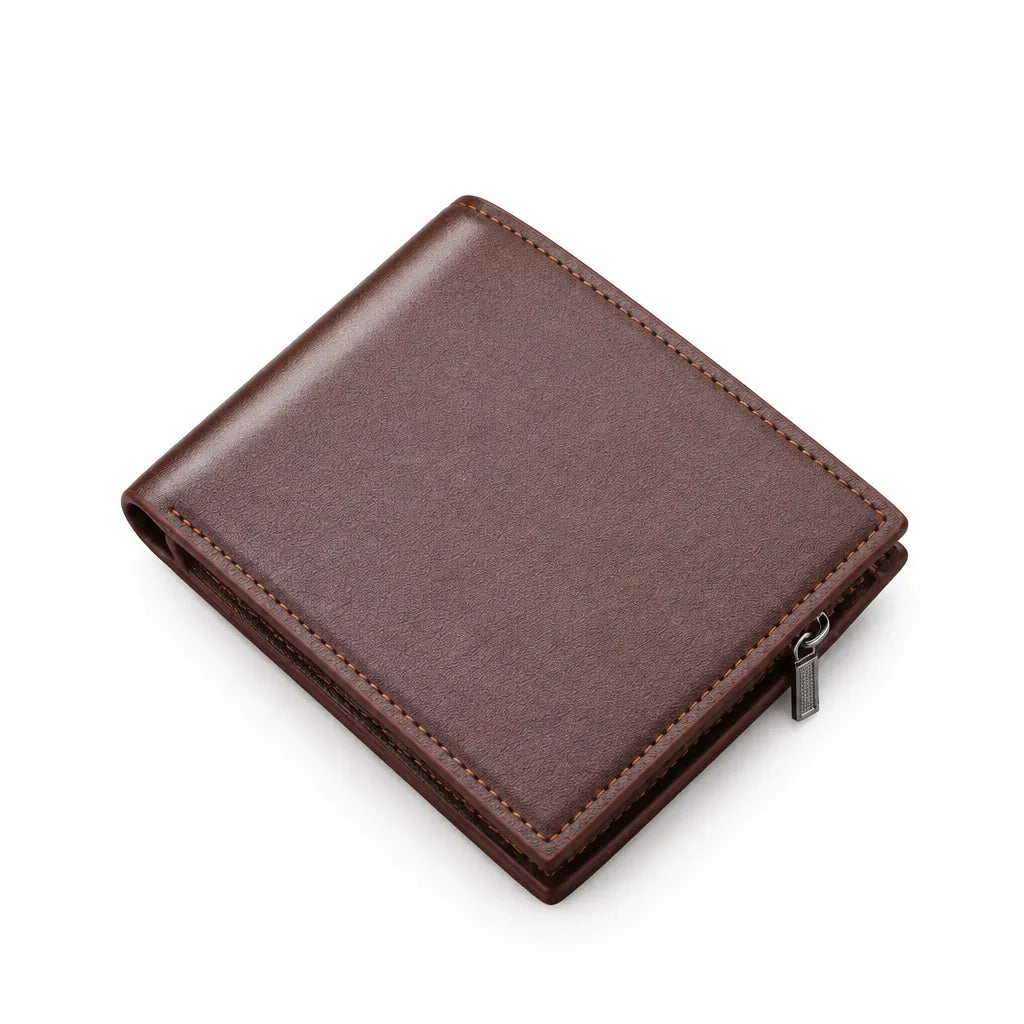 Brown bifold men's wallet with zip coin pocket on a white background