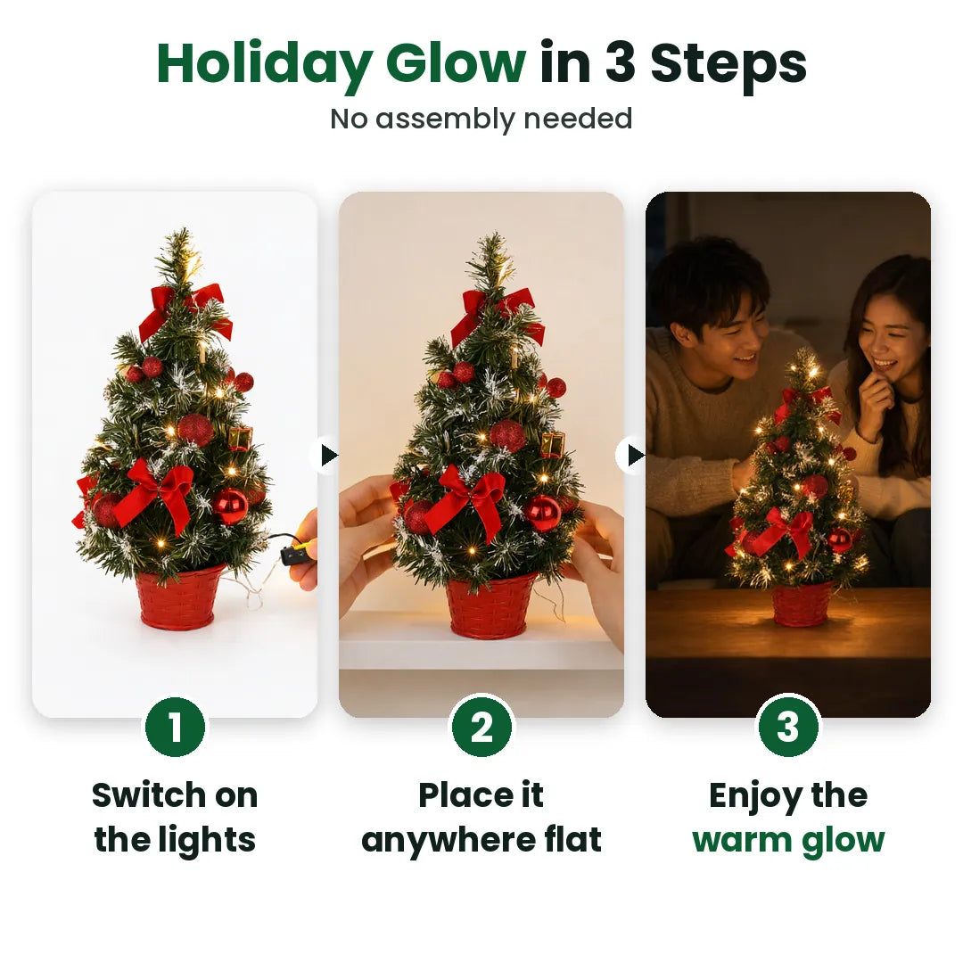 Three steps to light up a small tabletop Christmas tree