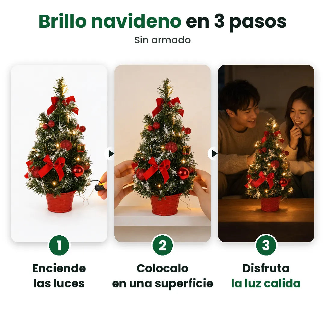 Tres pasos para encender un árbol de Navidad de mesa pequeño