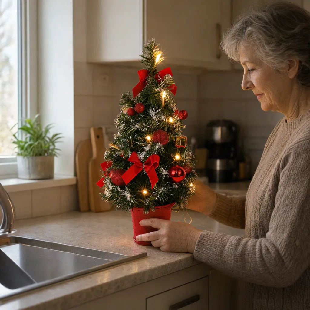 Older woman placing a small Christmas tree with lights on a kitchen counter