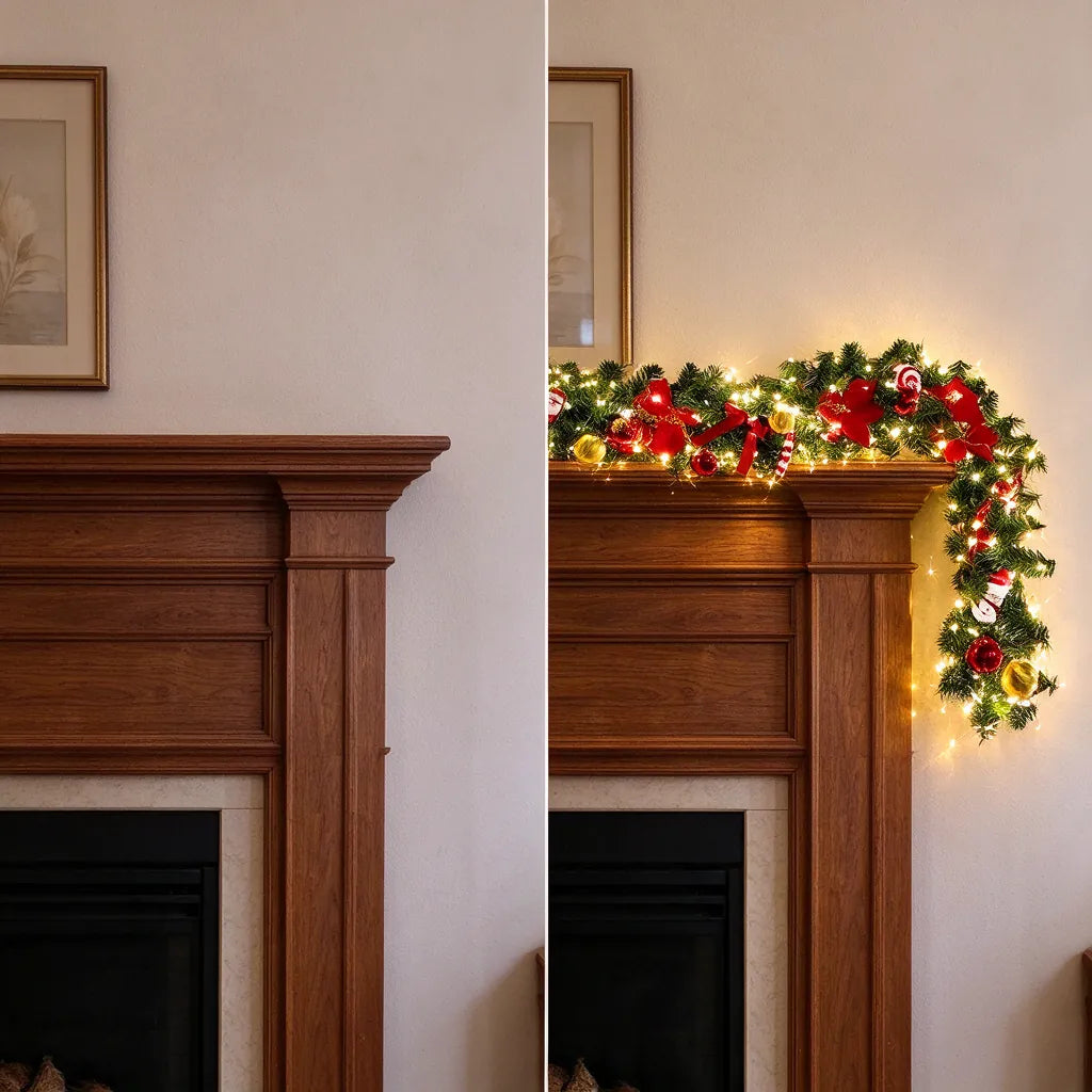 A bare wooden mantel next to the same mantel dressed with the lit Christmas garland
