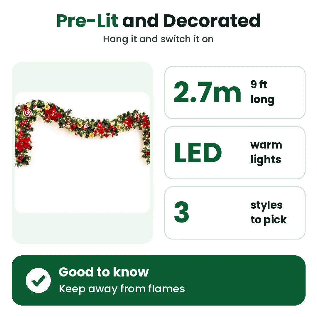 Pre-lit christmas garland, 2.7 m with warm LED lights, in red, gold or silver