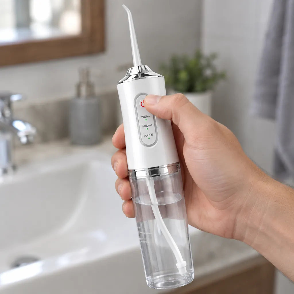 Thumb pressing the power button of a water flosser with Weak, Strong and Pulse modes