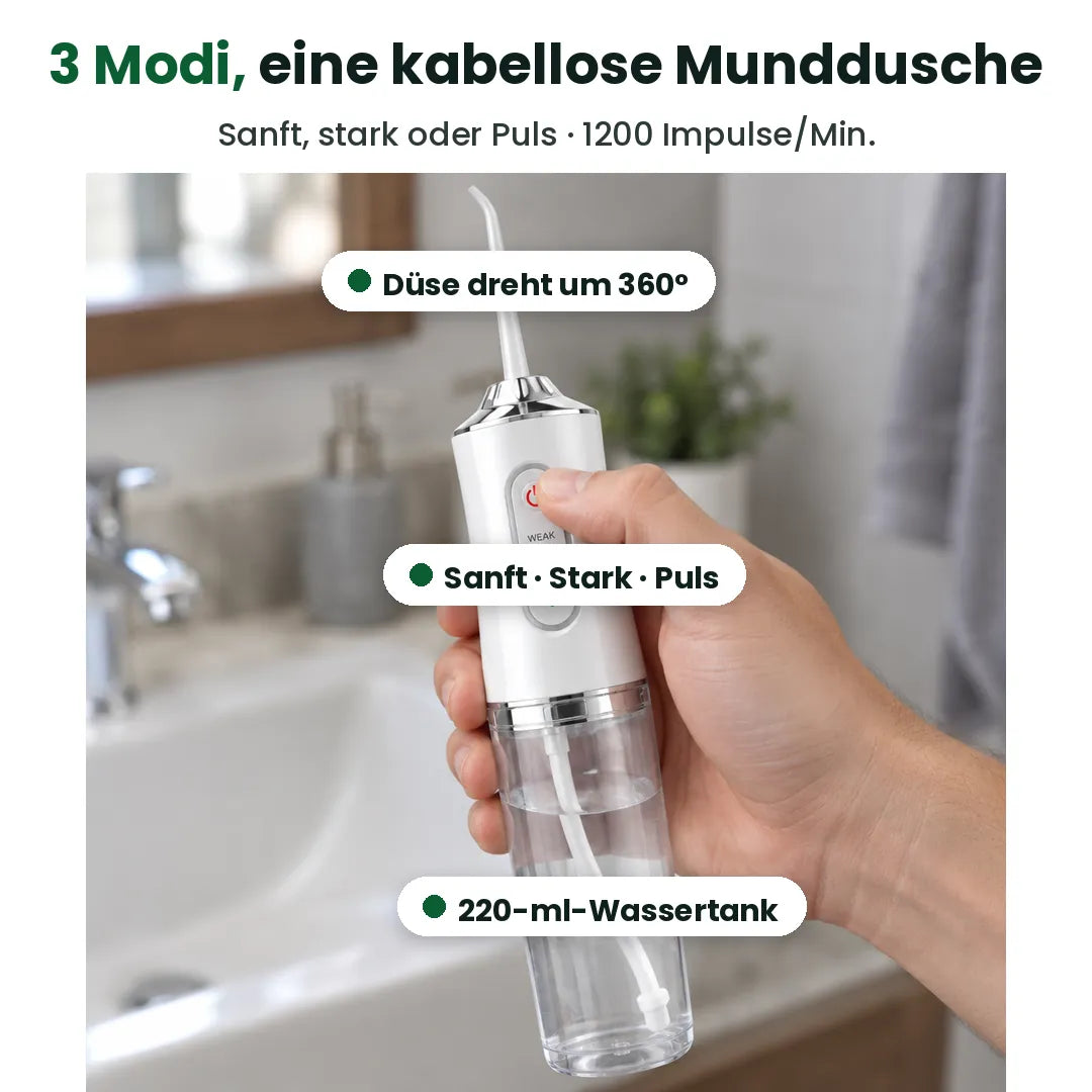 Kabellose Munddusche mit 3 Modi, 360°-Düse und 220-ml-Tank erklärt