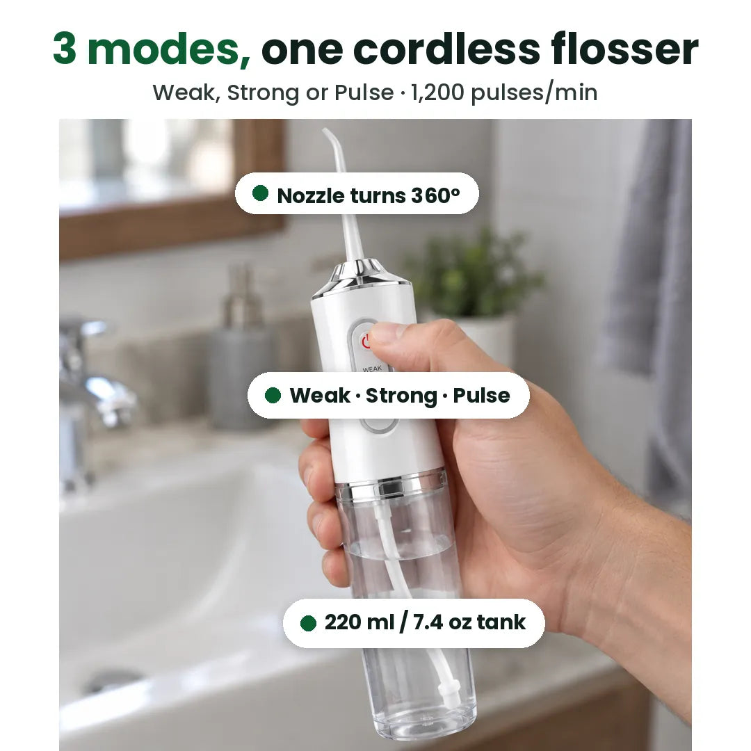 Cordless water flosser with 3 modes, 360° nozzle and 220 ml tank explained