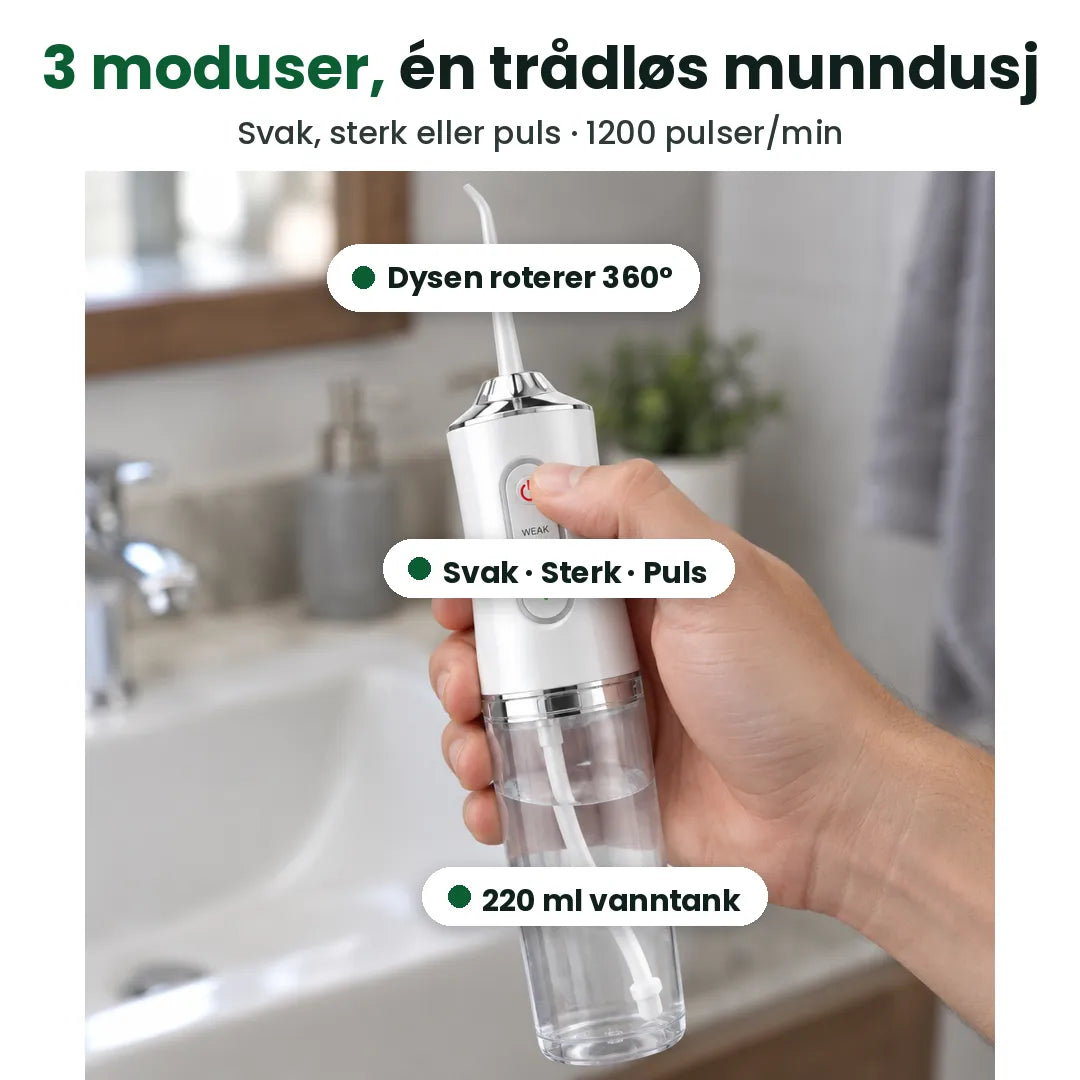 Trådløs munndusj med 3 moduser, dyse som roterer 360° og 220 ml tank