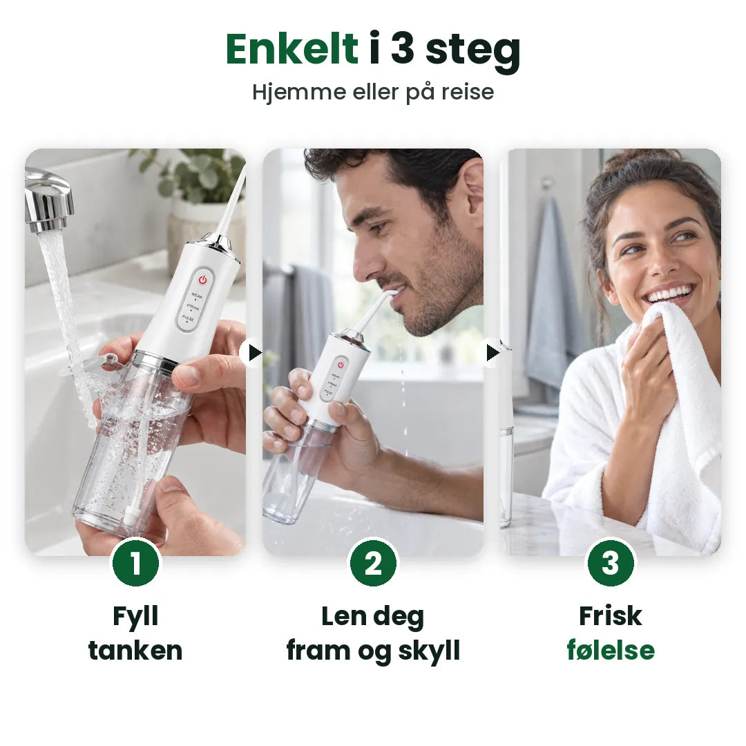 Slik bruker du munndusj i 3 steg: fyll, skyll og kjenn deg frisk