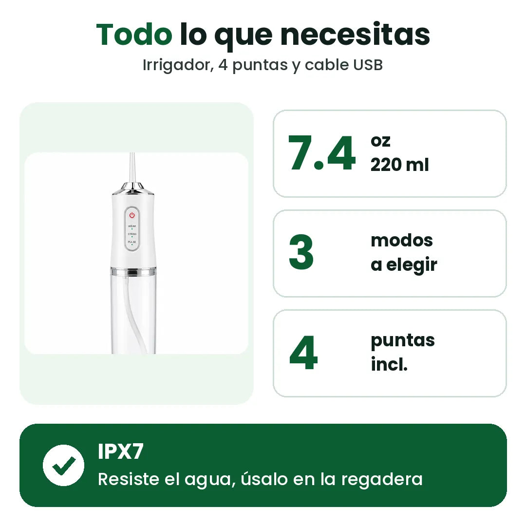 Lo que incluye el irrigador bucal portátil: tanque de 7.4 oz, 3 modos y 4 puntas