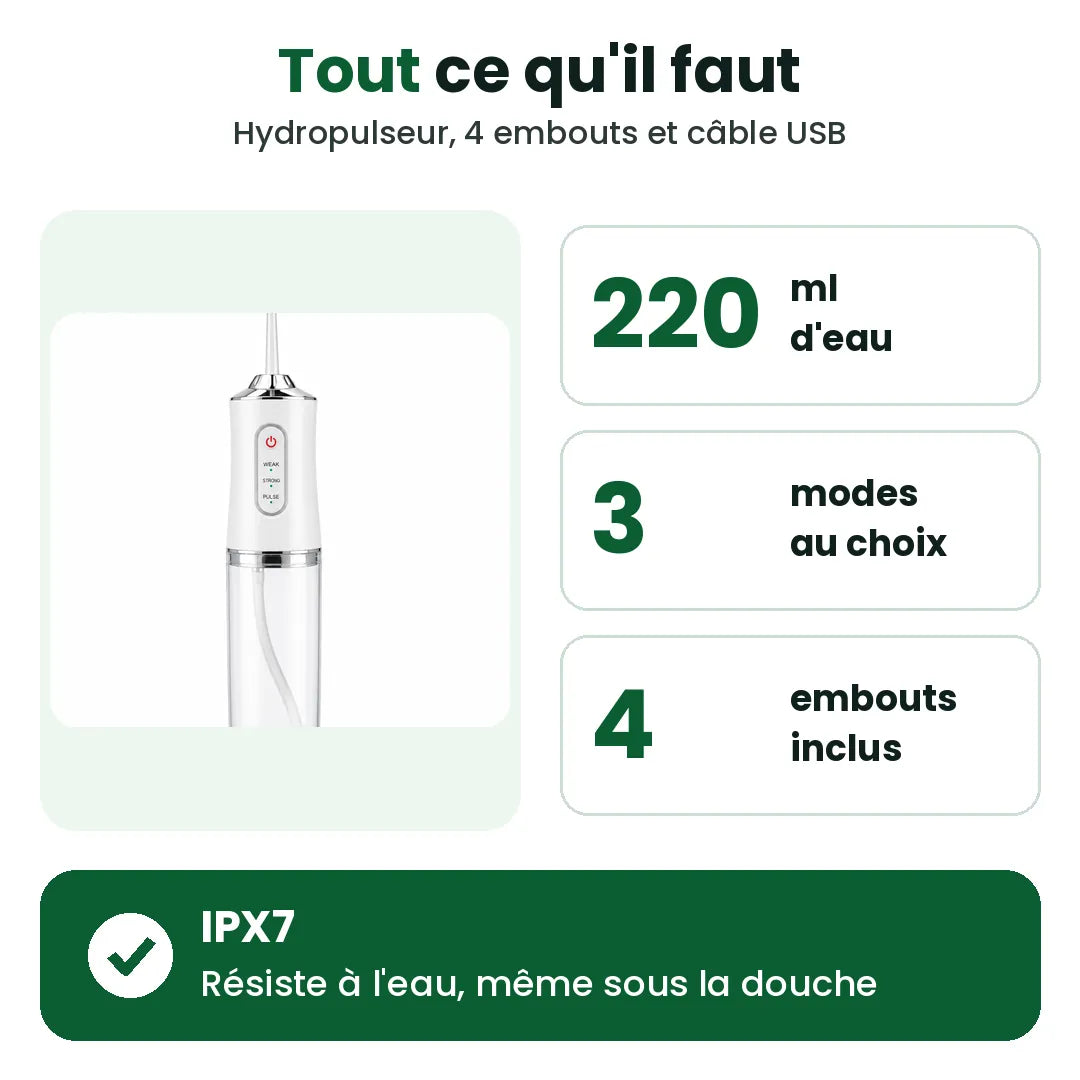 Contenu de l'hydropulseur portatif : réservoir de 220 ml, 3 modes, 4 embouts