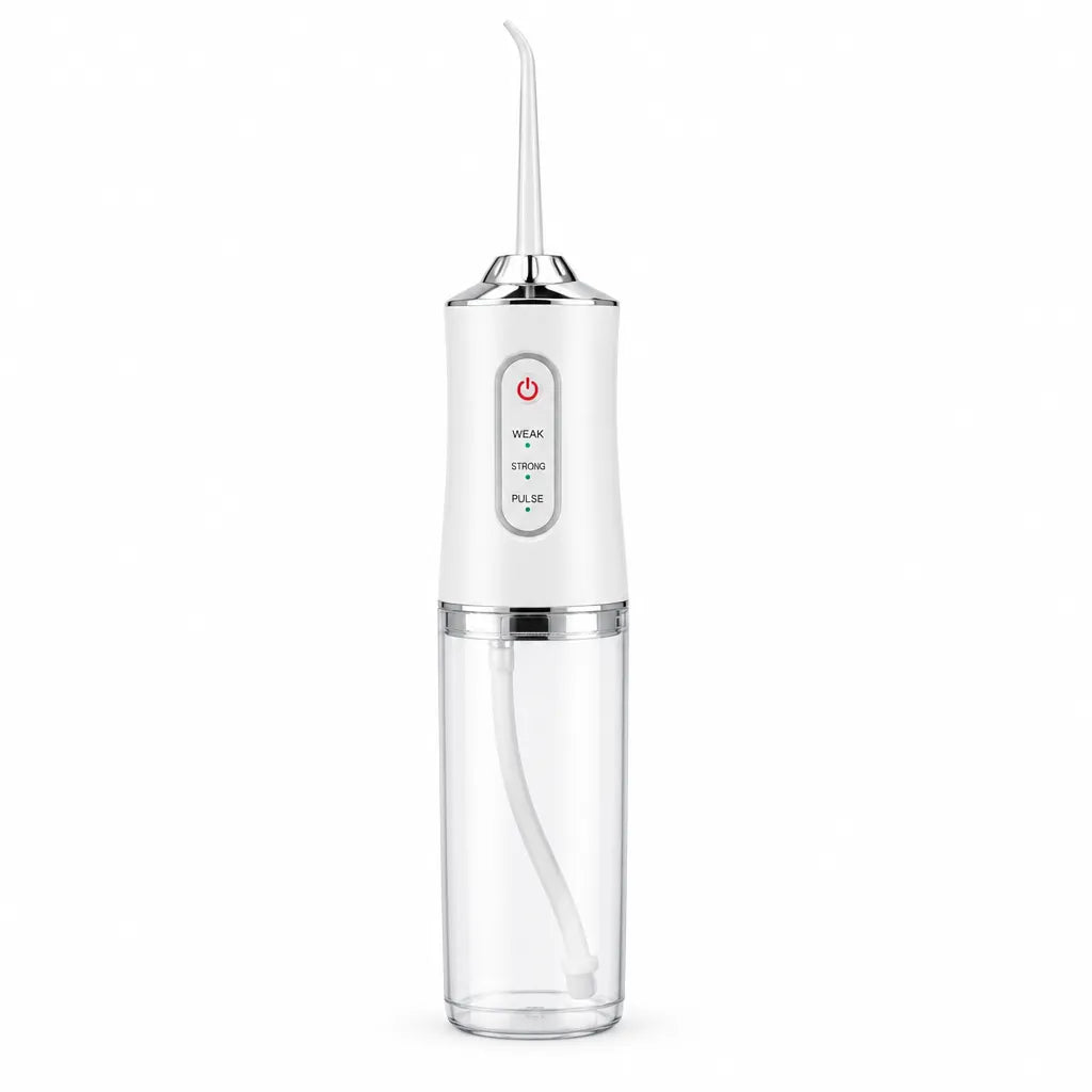 White cordless water flosser with clear 220 ml tank on a white background