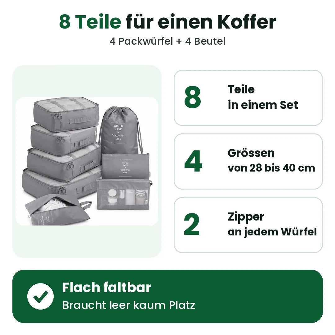 Packing Cubes Set mit 8 Teilen: 4 Würfelgrössen, 2 Zipper pro Würfel, flach faltbar