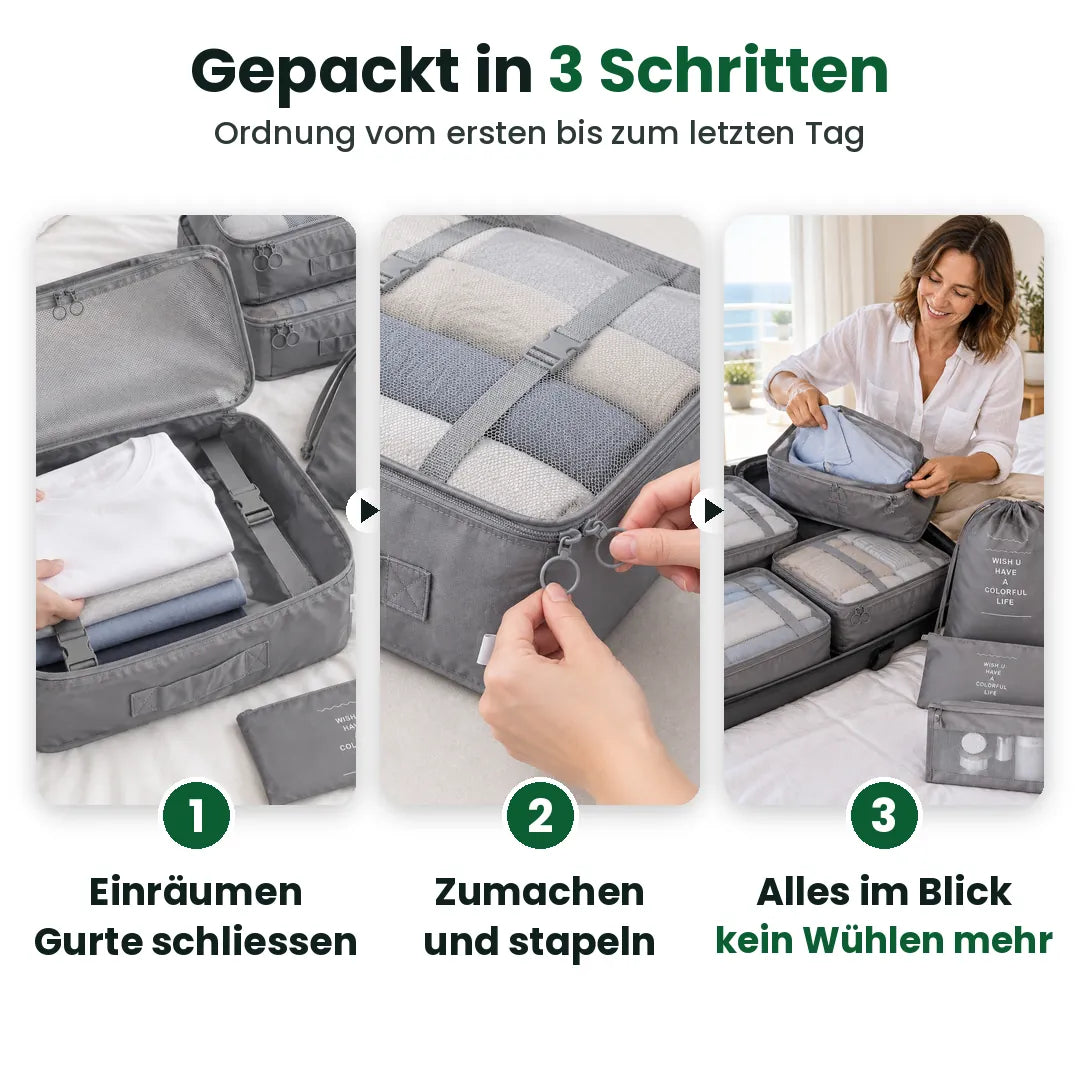 Packwürfel in 3 Schritten: einräumen, zumachen und stapeln, alles im Koffer im Blick