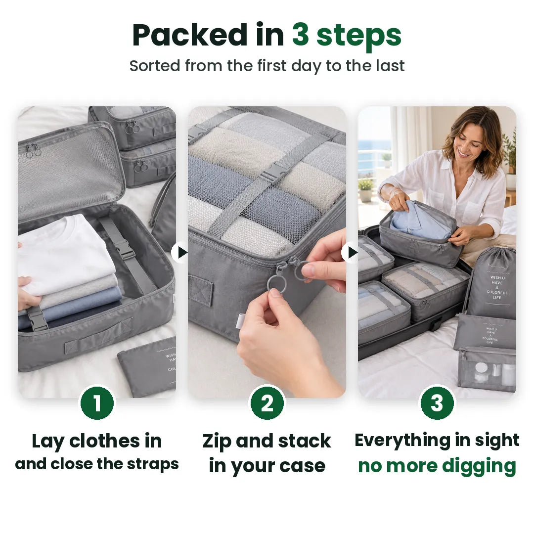 How to use packing cubes in 3 steps: fill a cube, zip and stack it, see everything in your suitcase