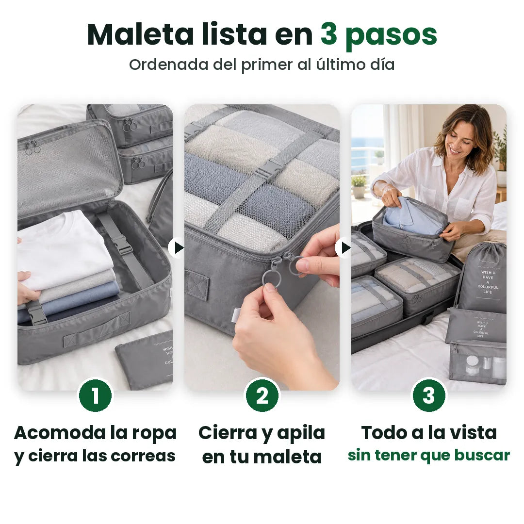 Cómo usar los cubos organizadores en 3 pasos: llenar, cerrar y apilar, ver todo en la maleta