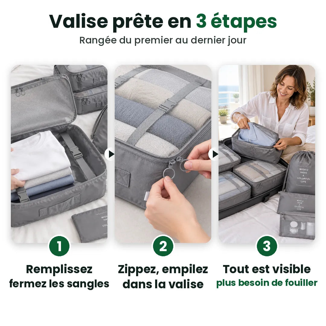 Utiliser les cubes de rangement en 3 étapes : remplir, fermer et empiler, tout voir dans la valise