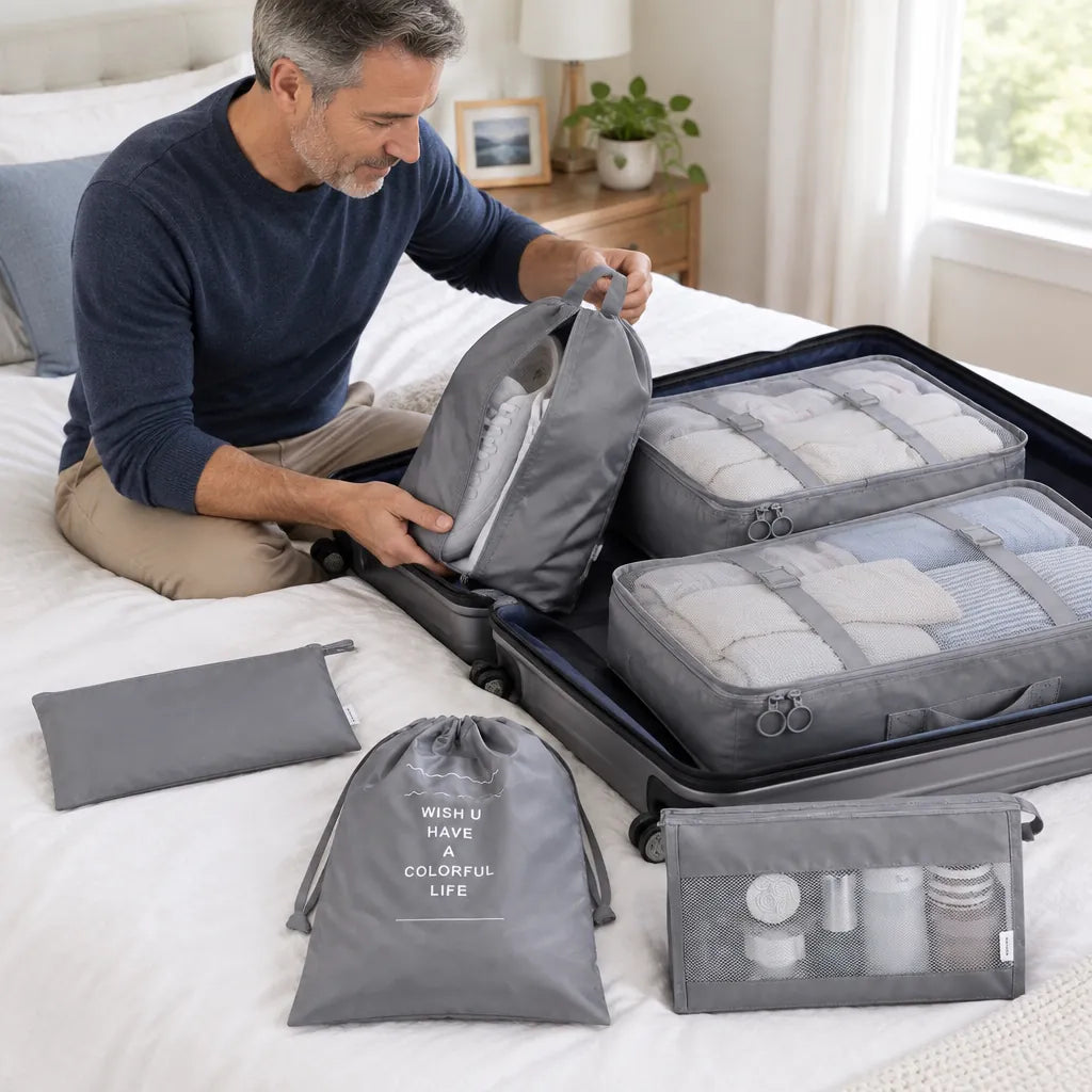 Man packing a suitcase at home with grey packing cubes and a shoe bag