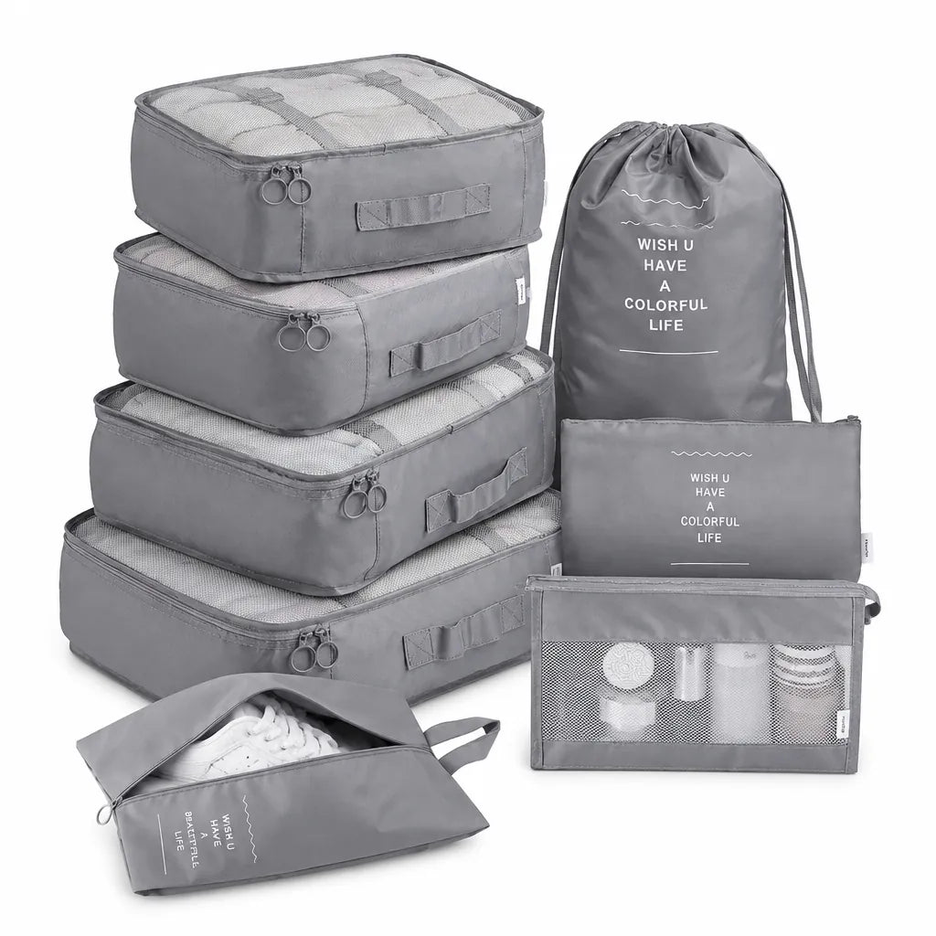 Grey 8-piece travel packing cubes set with laundry bag, zip pouch, toiletry pouch and shoe bag