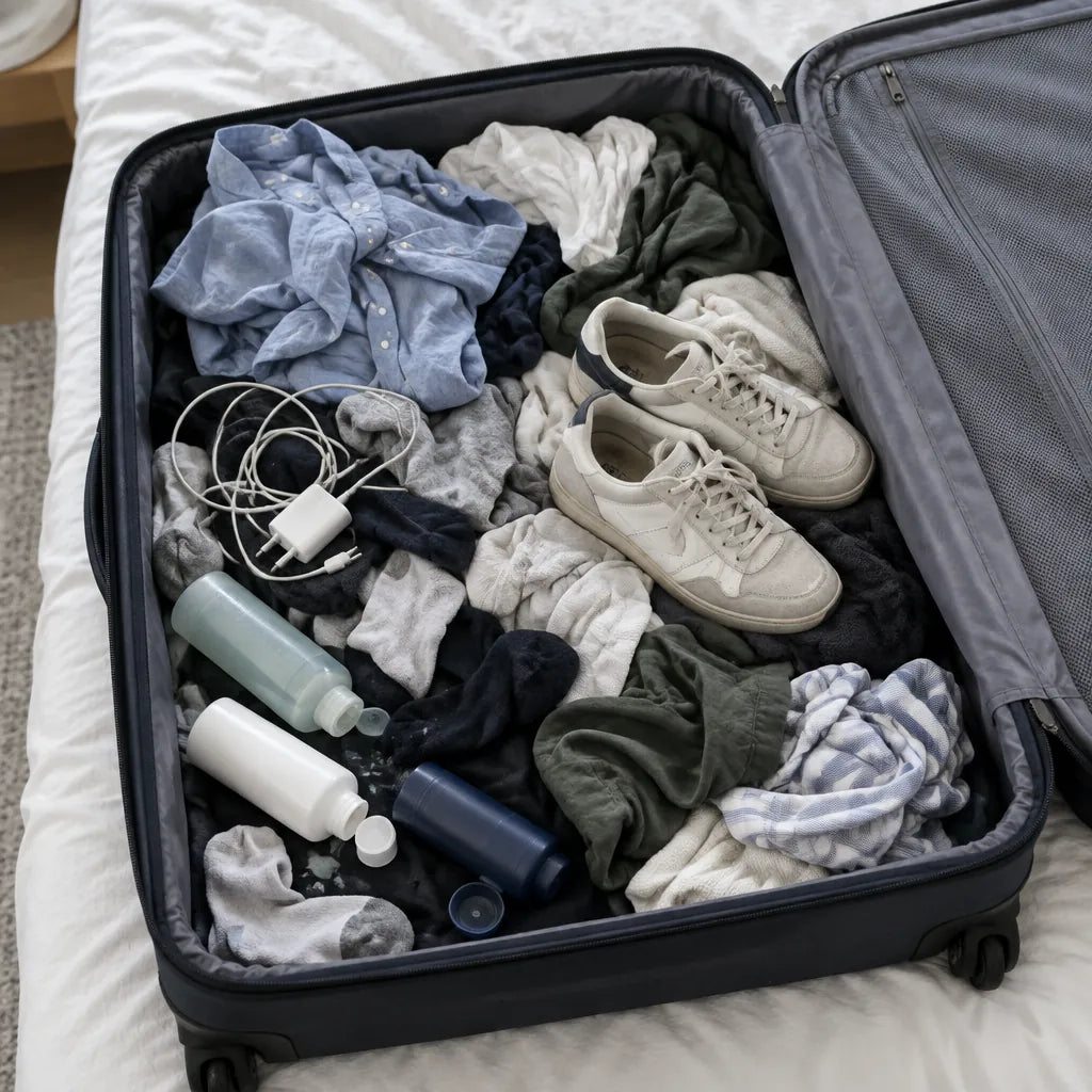 Open suitcase with clothes, shoes and toiletries mixed together